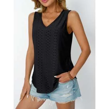AUTOMET Womens Summer Tank Top Eyelet Embroidery 2025 Vaction Sleeveless V Neck Loose Fit Shirt Spring Fashion Casual Clothes Black M