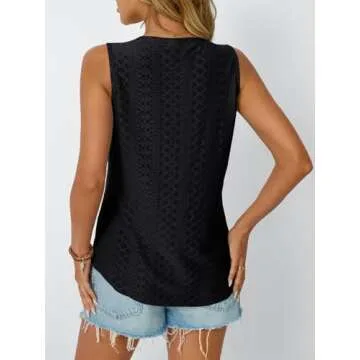 AUTOMET Womens Summer Tank Top Eyelet Embroidery 2025 Vaction Sleeveless V Neck Loose Fit Shirt Spring Fashion Casual Clothes Black M