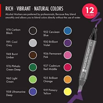 Marabu Dual Tip Alcohol Markers for Artists - 12 Colors