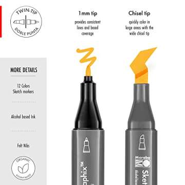 Marabu Dual Tip Alcohol Markers for Artists - 12 Colors
