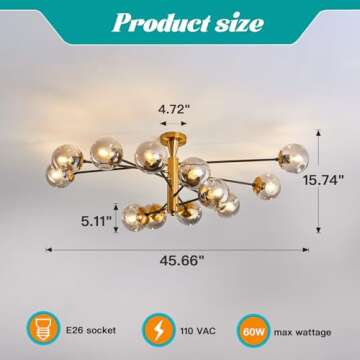 hesoge Large 12 Light Sputnik Semi Flush Mount Ceiling Light Fixture Gold Mid Century Modern Chandel...