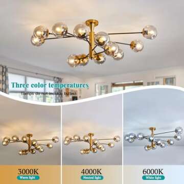 hesoge Large 12 Light Sputnik Semi Flush Mount Ceiling Light Fixture Gold Mid Century Modern Chandelier with Glass Globe Close to Ceiling Light for Living Room Kitchen Dining Room Bedroom.