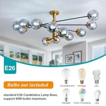 hesoge Large 12 Light Sputnik Semi Flush Mount Ceiling Light Fixture Gold Mid Century Modern Chandelier with Glass Globe Close to Ceiling Light for Living Room Kitchen Dining Room Bedroom.