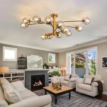 hesoge Large 12 Light Sputnik Semi Flush Mount Ceiling Light Fixture Gold Mid Century Modern Chandelier with Glass Globe Close to Ceiling Light for Living Room Kitchen Dining Room Bedroom.