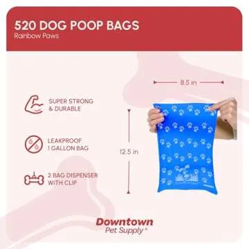 Downtown Pet Supply Dog Poop Bags (520 CT - Rainbow Paw Print Bags & 2 Dispensers) Waste Bag Dispens...