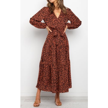PRETTYGARDEN Womens Long Sleeve Floral Wrap V Neck Ruffle Tiered Maxi Dress Casual Tie Waist Boho Chiffon Flowy Long Dress(Brown Red,XX-Large)