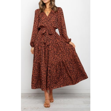 PRETTYGARDEN Womens Long Sleeve Floral Wrap V Neck Ruffle Tiered Maxi Dress Casual Tie Waist Boho Chiffon Flowy Long Dress(Brown Red,XX-Large)