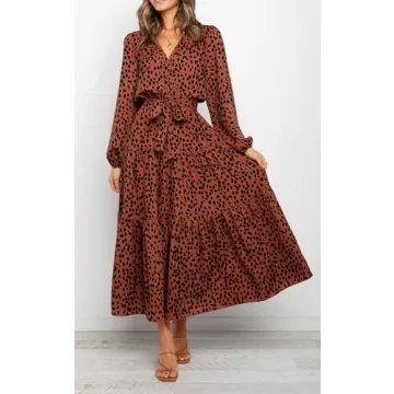 PRETTYGARDEN Womens Long Sleeve Floral Wrap V Neck Ruffle Tiered Maxi Dress Casual Tie Waist Boho Chiffon Flowy Long Dress(Brown Red,XX-Large)