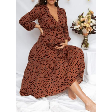 PRETTYGARDEN Womens Long Sleeve Floral Wrap V Neck Ruffle Tiered Maxi Dress Casual Tie Waist Boho Chiffon Flowy Long Dress(Brown Red,XX-Large)