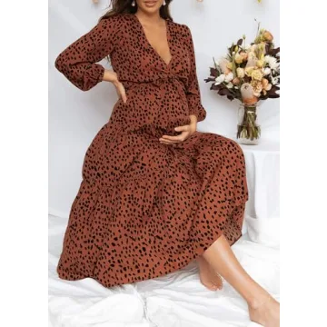 PRETTYGARDEN Womens Long Sleeve Floral Wrap V Neck Ruffle Tiered Maxi Dress Casual Tie Waist Boho Chiffon Flowy Long Dress(Brown Red,XX-Large)
