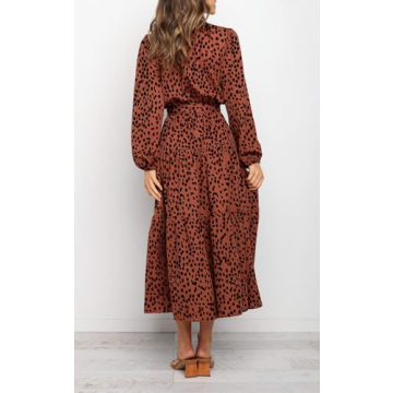 PRETTYGARDEN Womens Long Sleeve Floral Wrap V Neck Ruffle Tiered Maxi Dress Casual Tie Waist Boho Chiffon Flowy Long Dress(Brown Red,XX-Large)