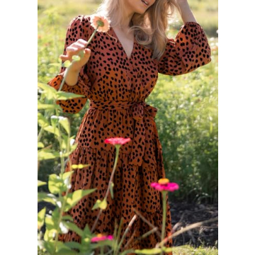 PRETTYGARDEN Womens Long Sleeve Floral Wrap V Neck Ruffle Tiered Maxi Dress Casual Tie Waist Boho Chiffon Flowy Long Dress(Brown Red,XX-Large)