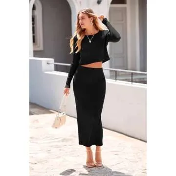 PRETTYGARDEN Women's Fall 2 Piece Sweater Set Rib Knit Long Sleeve Crop Top Maxi Bodycon Skirt Casual Winter Outfits (Black,Small)