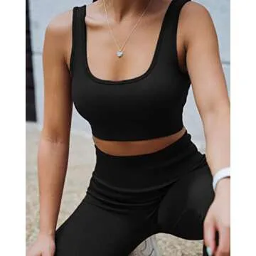 QINSEN Women Padded Sports Bra Fitness Ribbed Workout Sexy Running Shirts Yoga 2 Piece Outfits Black L