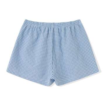Lounge Plaid Shorts for Women Y2K Elastic High Waist Wide Leg Gingham Boxer Pajama Bottoms Summer Going Out Shorts (A Blue, S)