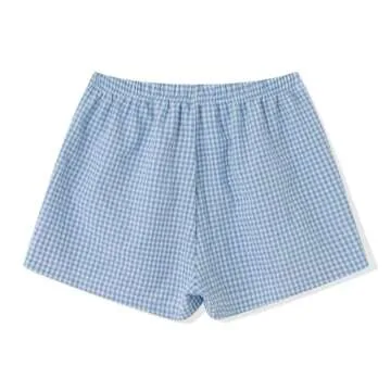 Lounge Plaid Shorts for Women Y2K Elastic High Waist Wide Leg Gingham Boxer Pajama Bottoms Summer Going Out Shorts (A Blue, S)