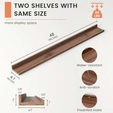 Picture Ledge Shelf, Floating Shelves Set of 2, 48 Inches Long Large Nursery Book Shelves for Toys Storage, Kids Bookshelf Wall Mounted for Living Room Bedroom Decor Books Photo Frames, Walnut