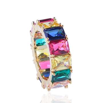 Fuqimanman2020 Cubic Zirconia Emerald Cut Eternity Ring Colorful Eternity Rainbow Ring Multi Color G...