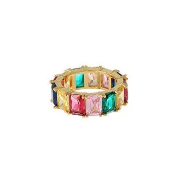 Fuqimanman2020 Cubic Zirconia Emerald Cut Eternity Ring Colorful Eternity Rainbow Ring Multi Color Gemstone Bands Ring Jewelry Gift-Mix Color Gold size8