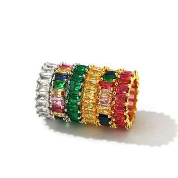 Fuqimanman2020 Cubic Zirconia Emerald Cut Eternity Ring Colorful Eternity Rainbow Ring Multi Color Gemstone Bands Ring Jewelry Gift-Mix Color Gold size8