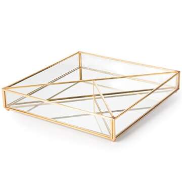 MyGift Vintage Style Brass-Tone Metal Mirror Vanity Tray with 3-Compartments