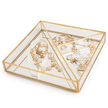 MyGift Vintage Style Brass-Tone Metal Mirror Vanity Tray with 3-Compartments