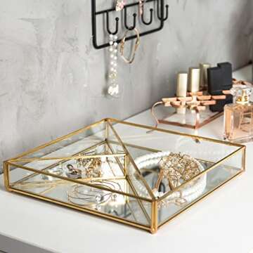 MyGift Vintage Style Brass-Tone Metal Mirror Vanity Tray with 3-Compartments