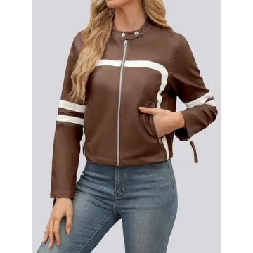 ANRABESS Women’s Zip Up Faux Leather Jacket for Fall