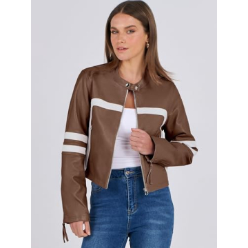 ANRABESS Women’s Zip Up Faux Leather Jacket for Fall