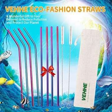 VEHHE Metal Straws Drinking Straws 10.5" Stainless Steel Straws Reusable 8 Set - Ultra Long Rainbow Color-Cleaning Brush for 20/30 Oz for Yeti