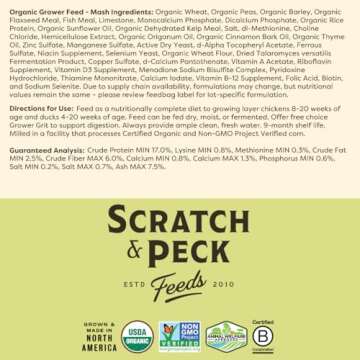 Scratch and Peck Whole Grain Grower Mash Chicken and Duck Feed - Corn-Free and Soy-Free - 17% Protein, Certified Organic and Non-GMO Project Verified Chicken Food - 10 lbs Bag