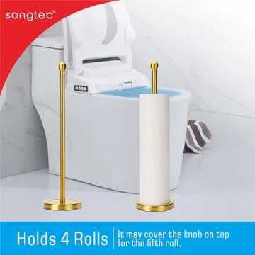 Songtec Gold Toilet Paper Holder Stand with Reserve, Floor Standing Tisse Roll Holder for 4 Rolls, Compact Design Bathroom Toilet Paper Storage - Gold