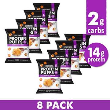 Shrewd Food Protein Puffs, Low Carb Snack, Keto Friendly Crunch, High Protein Snack, Gluten Free, Soy Free, Peanut Free, 14g Protein - 2g Carbs Per Serving, Sriracha Cheddar, 8 Pack