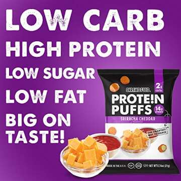 Shrewd Food Protein Puffs, Low Carb Snack, Keto Friendly Crunch, High Protein Snack, Gluten Free, Soy Free, Peanut Free, 14g Protein - 2g Carbs Per Serving, Sriracha Cheddar, 8 Pack