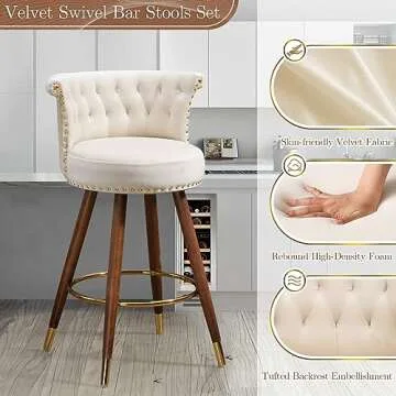 Ivory Velvet Swivel Bar Stools Set for Modern Spaces
