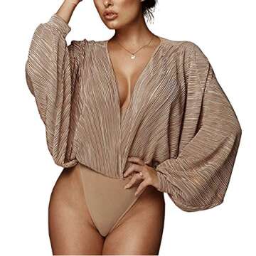 Women's Deep V-Neck Long Sleeve Bodysuit Clubwear - Khaki