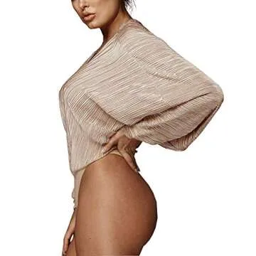 Women's Deep V-Neck Long Sleeve Bodysuit Clubwear - Khaki