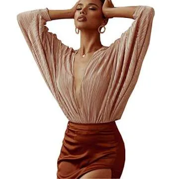 Women's Deep V-Neck Long Sleeve Bodysuit Clubwear - Khaki