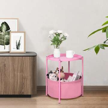 ZOES HOMEWARE Pink Side Table with Storage, Metal Bedside Table/Nightstand, End Table with Removable...