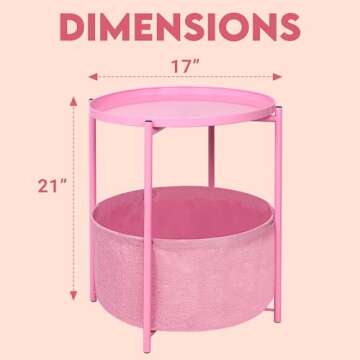 ZOES HOMEWARE Pink Side Table with Storage, Metal Bedside Table/Nightstand, End Table with Removable Tray for Bedroom,Living Room, Kids Room, Nursery, Ideal Pink Room Furniture