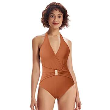 Womens Vintage Retro One-Piece Swimsuit High Waist Swimwear Bathing Suit Brown S