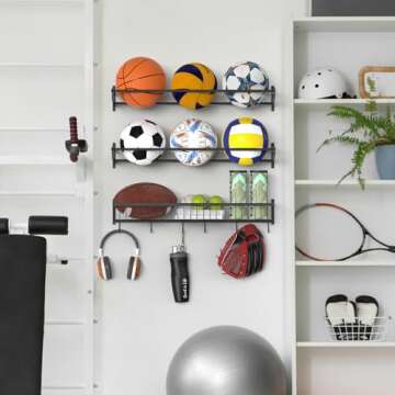 YBING Sports Equipment Organizer with 3 Separate Shelf, Ball Racks for Garage, Garage Sport Equipment Organizer with Hooks,Wall Mount Sports Holder Storage, Black