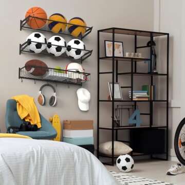 YBING Sports Equipment Organizer with 3 Separate Shelf, Ball Racks for Garage, Garage Sport Equipment Organizer with Hooks,Wall Mount Sports Holder Storage, Black