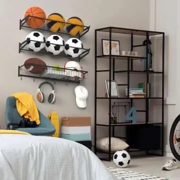 YBING Sports Equipment Organizer with 3 Separate Shelf, Ball Racks for Garage, Garage Sport Equipment Organizer with Hooks,Wall Mount Sports Holder Storage, Black
