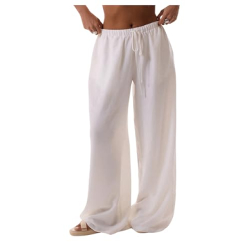 SHENHE Women's Wide Leg Drawstring Tie Waist Pants Flowy Loose Palazzo Boho Beach Pants White Large