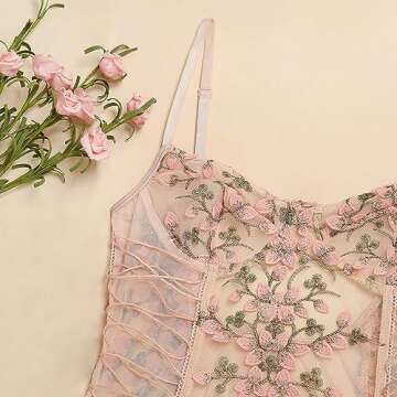 Lilosy Women Sexy Lace Up Floral Embroidered Teddy Babydoll Lingerie Bodysuit Top Mesh Sheer One Piece See Through Pink Large