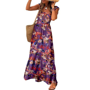 LOLONG Summer Boho Spaghetti Strap Square Neck Maxi Dress for Women Flowy Ruffle Sleeveless Print Be...