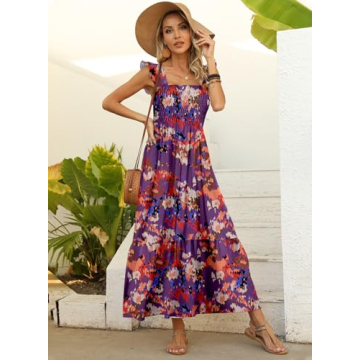 LOLONG Summer Boho Spaghetti Strap Square Neck Maxi Dress for Women Flowy Ruffle Sleeveless Print Beach Casual Long Maxi Dress Trendy