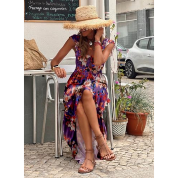 LOLONG Summer Boho Spaghetti Strap Square Neck Maxi Dress for Women Flowy Ruffle Sleeveless Print Beach Casual Long Maxi Dress Trendy