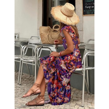 LOLONG Summer Boho Spaghetti Strap Square Neck Maxi Dress for Women Flowy Ruffle Sleeveless Print Beach Casual Long Maxi Dress Trendy